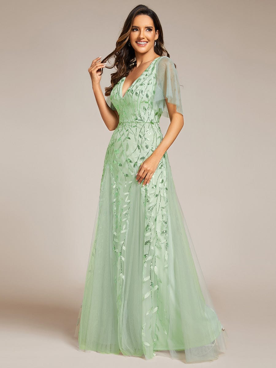 Custom Size Romantic Shimmery V Neck Ruffle Sleeves Maxi Long Evening Gowns #color_Mint Green