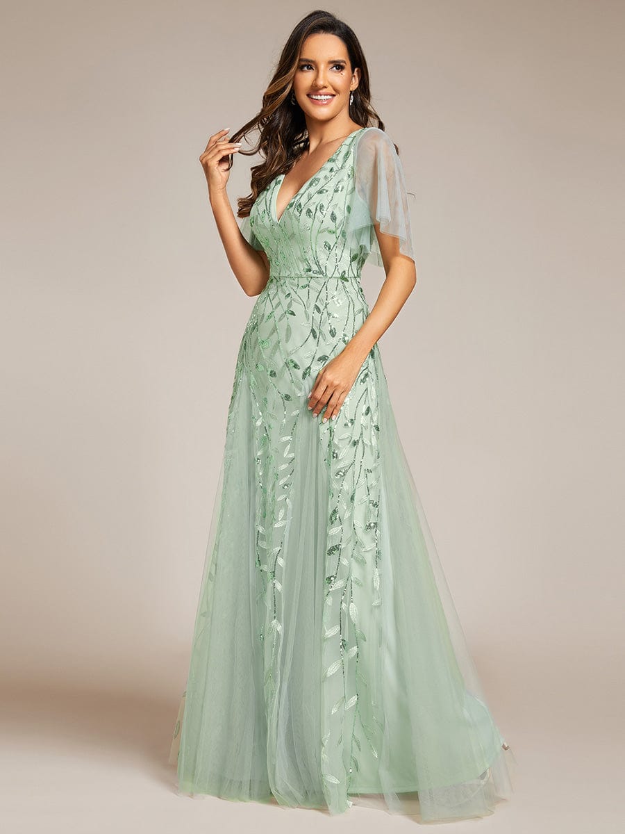 Romantic Shimmery V Neck Ruffle Sleeves Maxi Long Evening Gowns #color_Mint Green