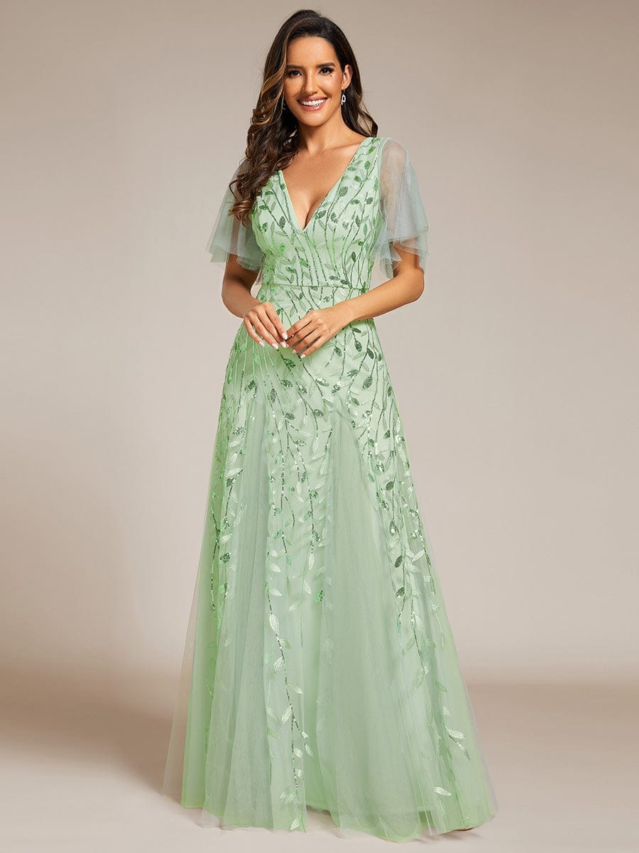 Custom Size Romantic Shimmery V Neck Ruffle Sleeves Maxi Long Evening Gowns #color_Mint Green