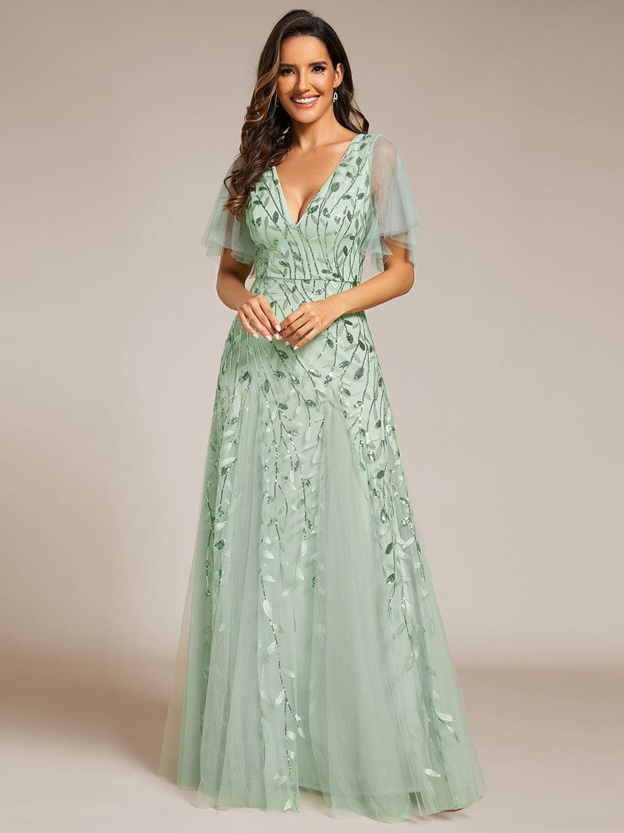 Romantic Shimmery V Neck Ruffle Sleeves Maxi Long Evening Gowns #color_Mint Green