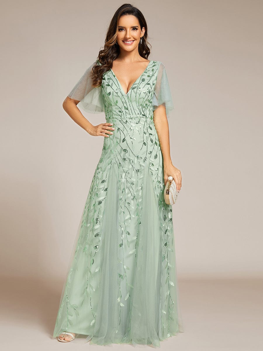 Romantic Shimmery V Neck Ruffle Sleeves Maxi Long Evening Gowns #color_Mint Green