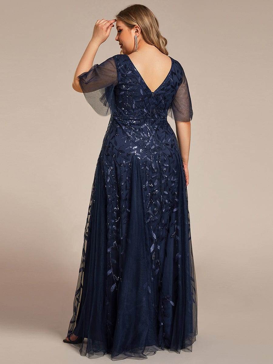 Romantic Shimmery V Neck Ruffle Sleeves Maxi Long Evening Gowns #color_Navy Blue