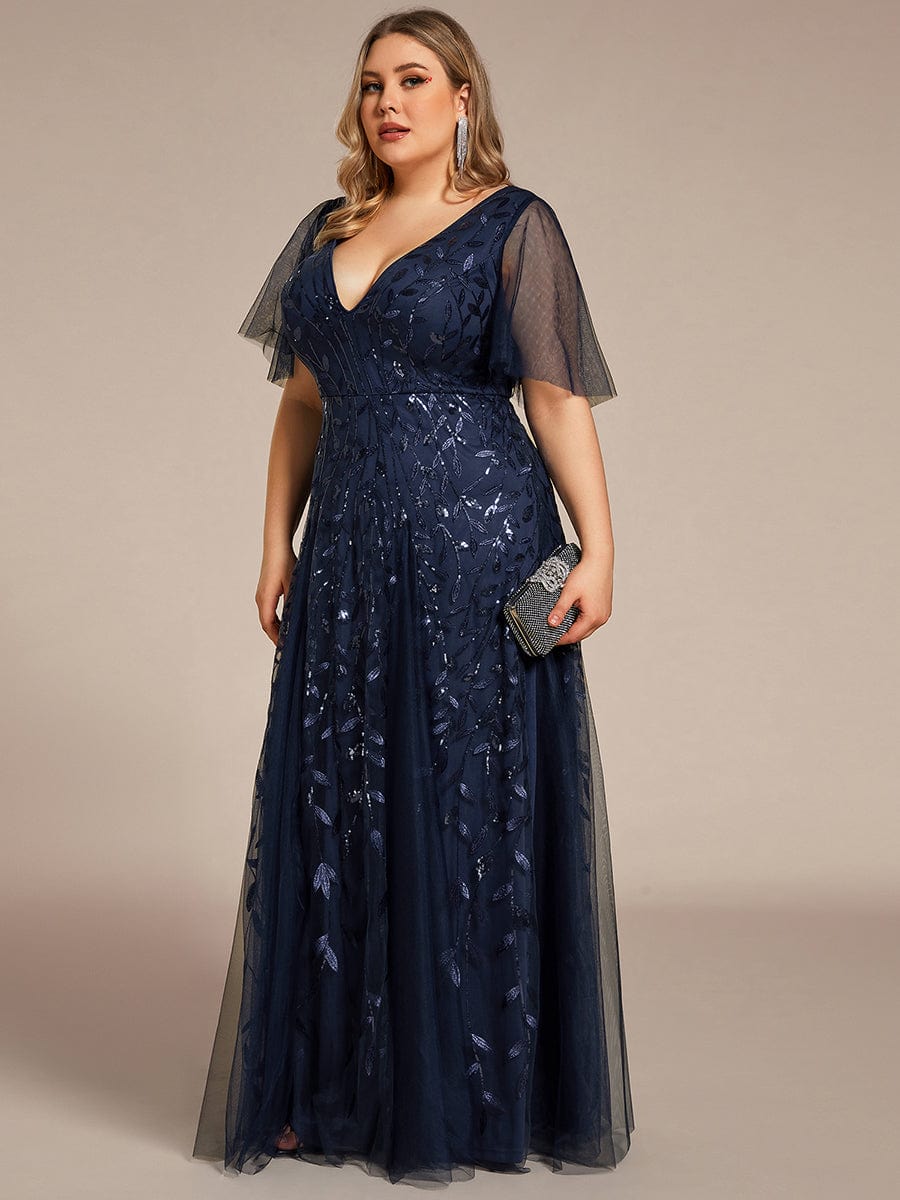 Custom Size Romantic Shimmery V Neck Ruffle Sleeves Maxi Long Evening Gowns #color_Navy Blue