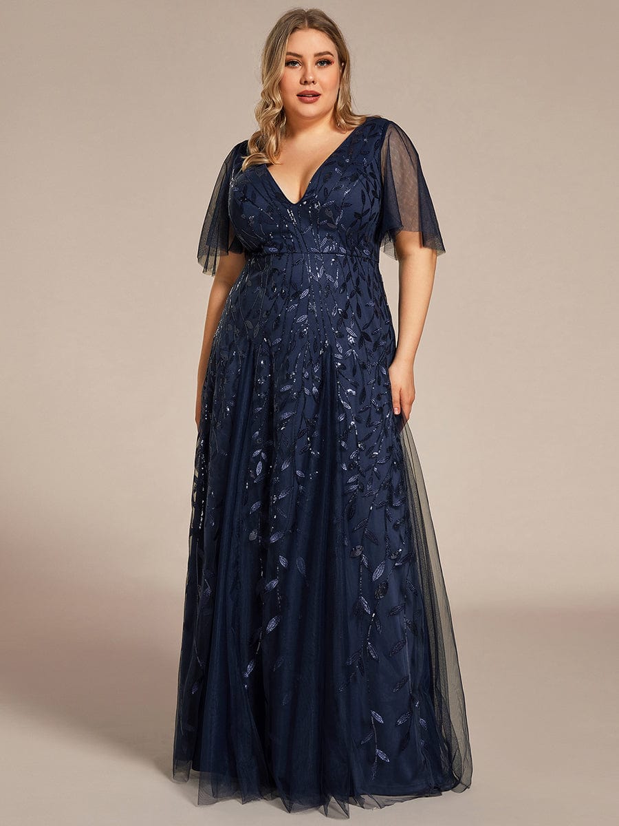 Custom Size Romantic Shimmery V Neck Ruffle Sleeves Maxi Long Evening Gowns #color_Navy Blue