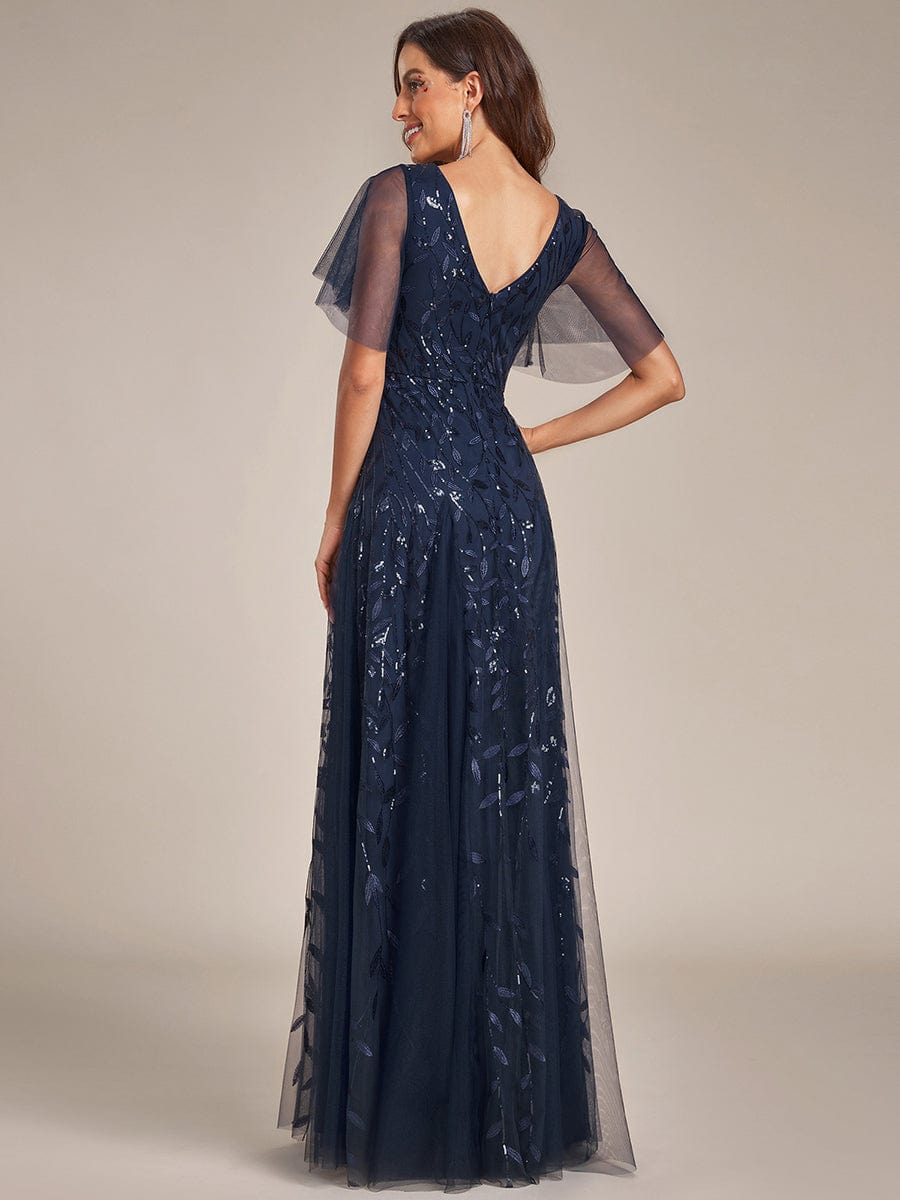 Romantic Shimmery V Neck Ruffle Sleeves Maxi Long Evening Gowns #color_Navy Blue