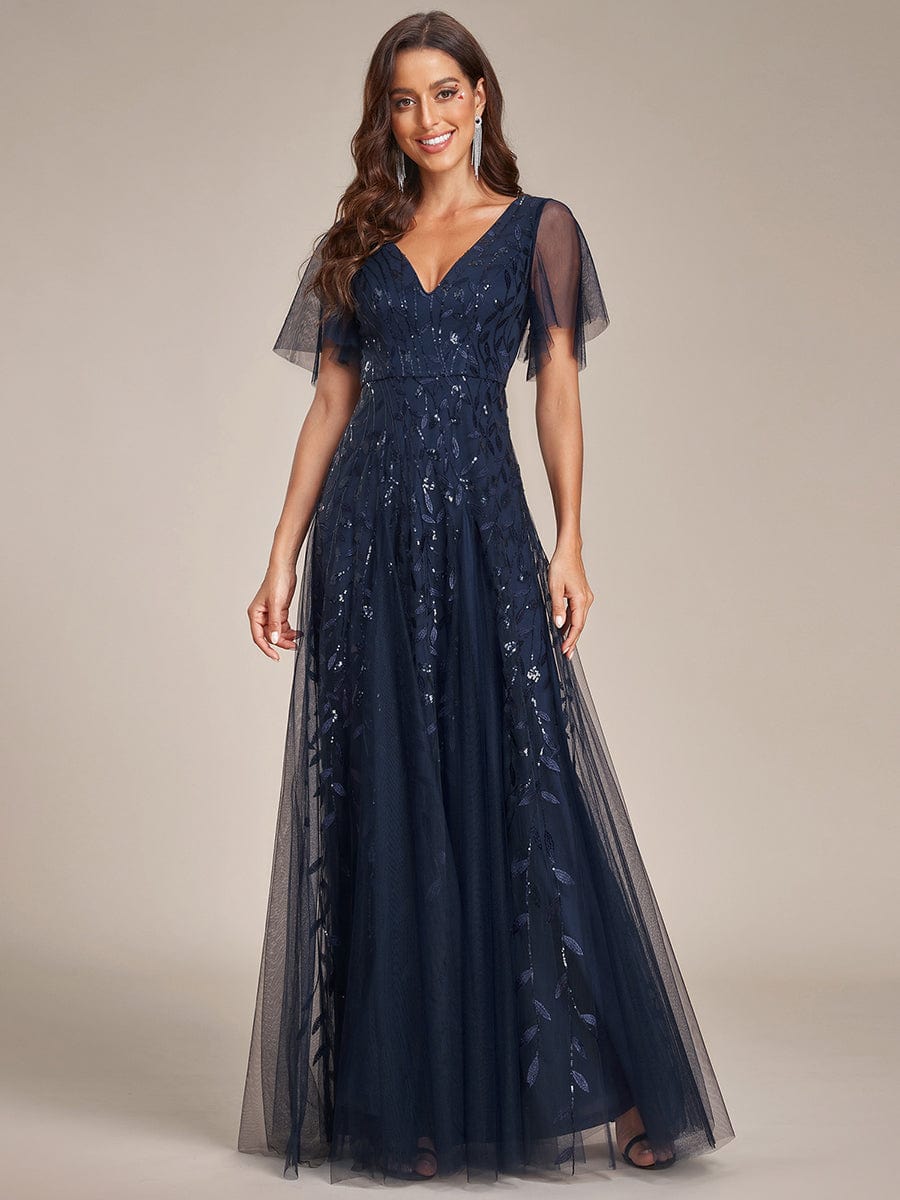 Romantic Shimmery V Neck Ruffle Sleeves Maxi Long Evening Gowns #color_Navy Blue