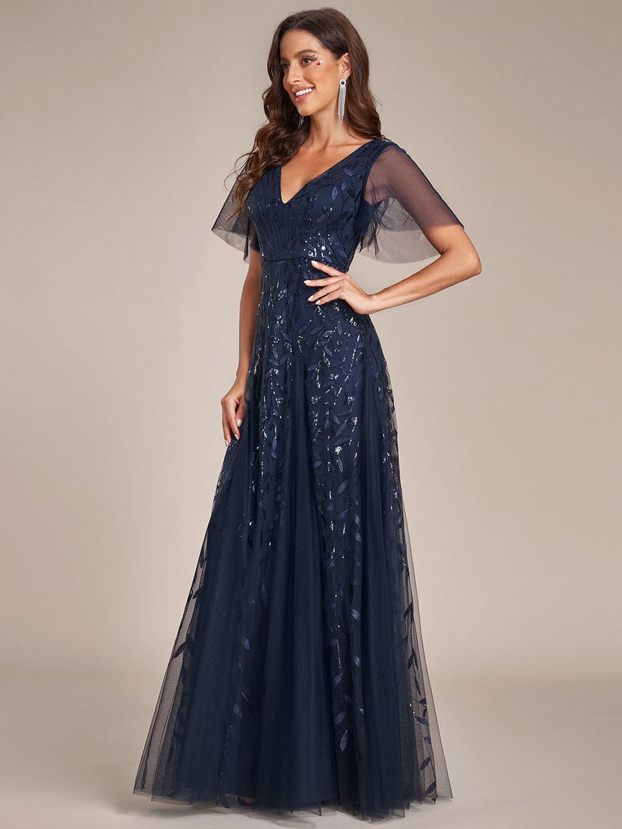 Custom Size Romantic Shimmery V Neck Ruffle Sleeves Maxi Long Evening Gowns #color_Navy Blue