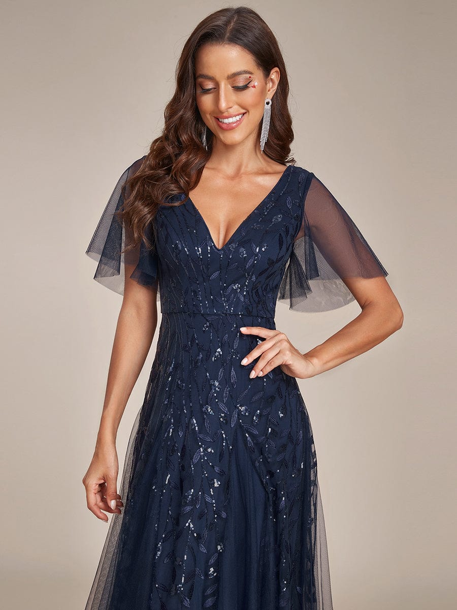 Romantic Shimmery V Neck Ruffle Sleeves Maxi Long Evening Gowns #color_Navy Blue