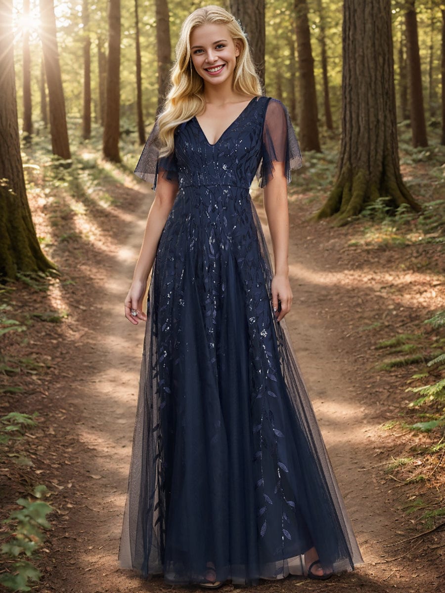 Custom Size Romantic Shimmery V Neck Ruffle Sleeves Maxi Long Evening Gowns #color_Navy Blue