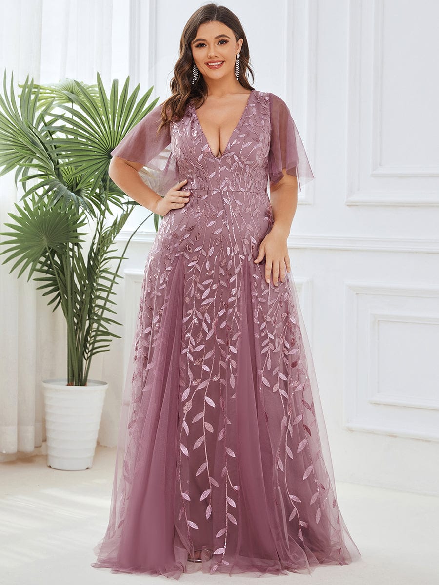 Romantic Shimmery V Neck Ruffle Sleeves Maxi Long Evening Gowns #color_Purple Orchid