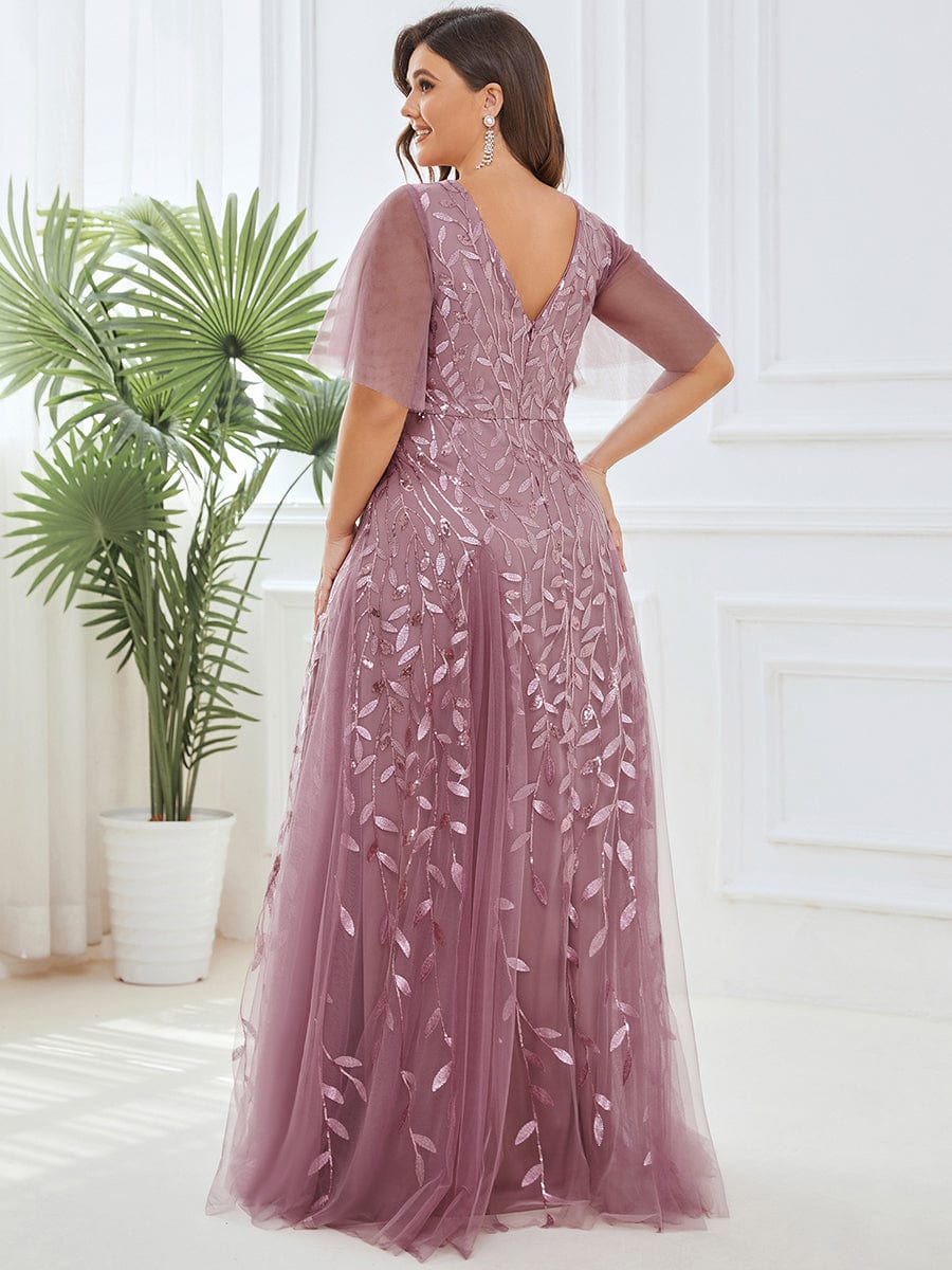 Romantic Shimmery V Neck Ruffle Sleeves Maxi Long Evening Gowns #color_Purple Orchid