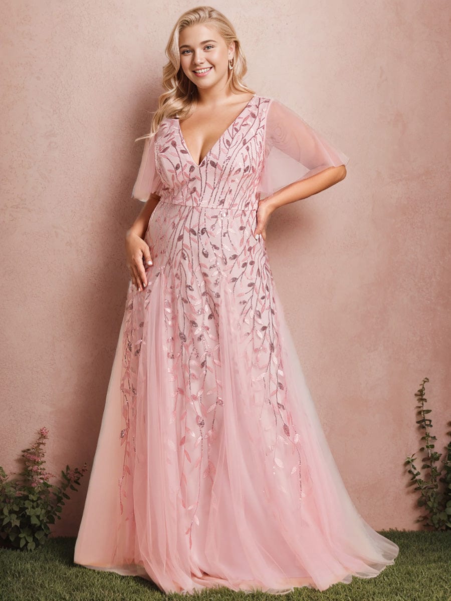 Custom Size Romantic Shimmery V Neck Ruffle Sleeves Maxi Long Evening Gowns #color_Pink