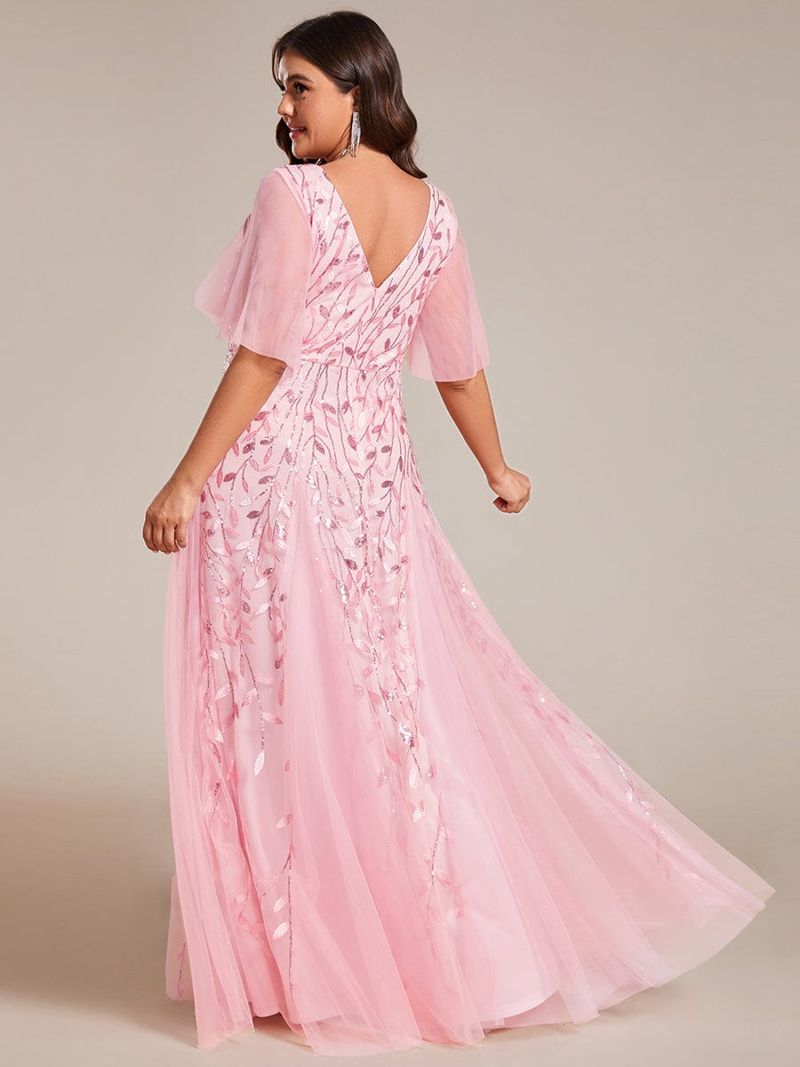 Custom Size Romantic Shimmery V Neck Ruffle Sleeves Maxi Long Evening Gowns #color_Pink