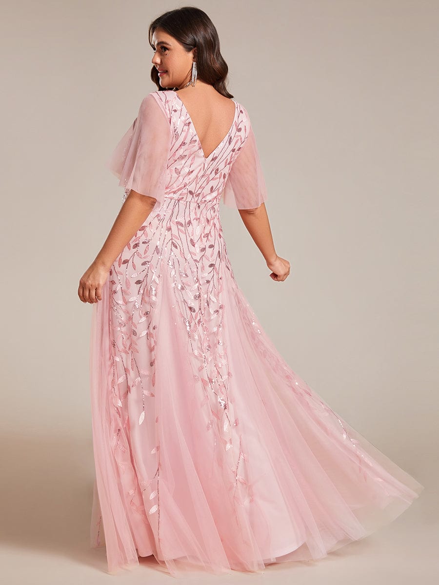 Romantic Shimmery V Neck Ruffle Sleeves Maxi Long Evening Gowns #color_Pink