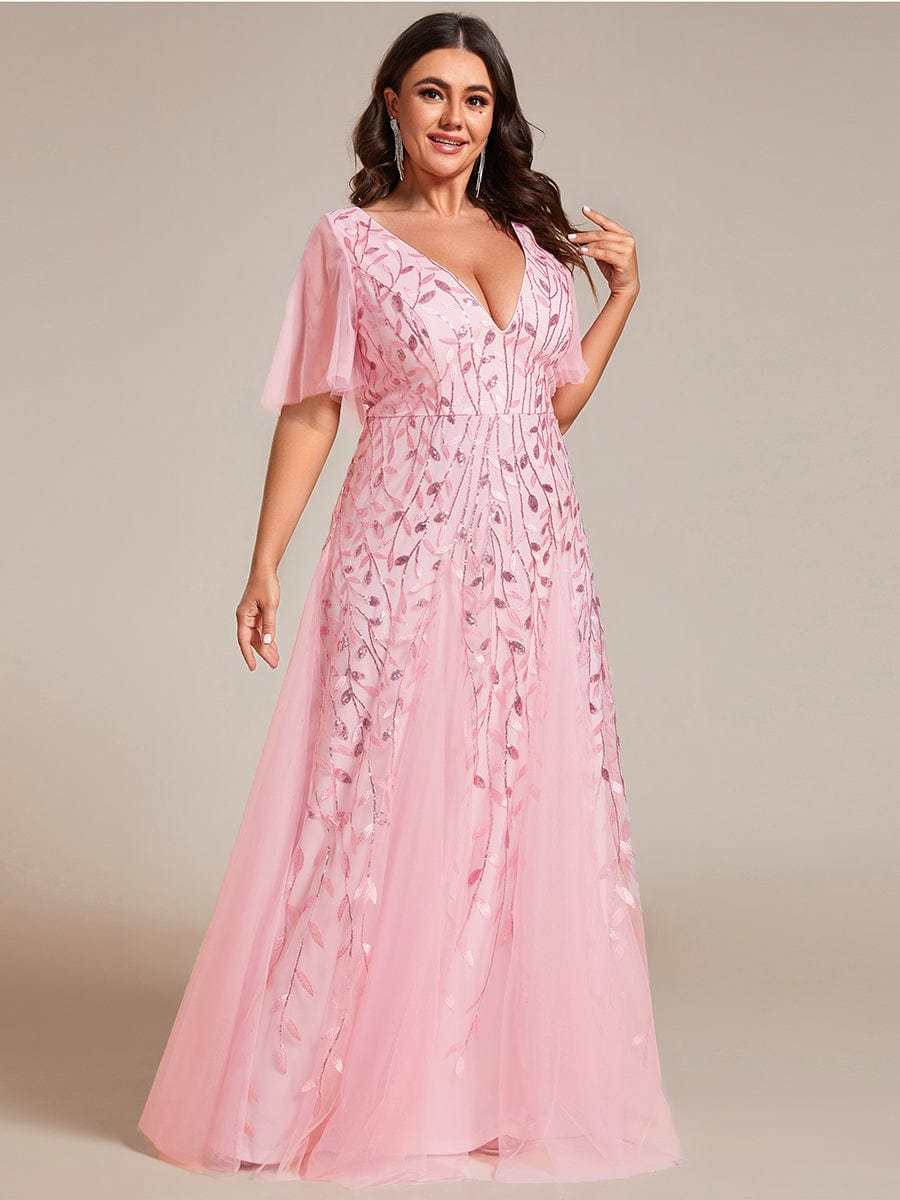 Custom Size Romantic Shimmery V Neck Ruffle Sleeves Maxi Long Evening Gowns #color_Pink