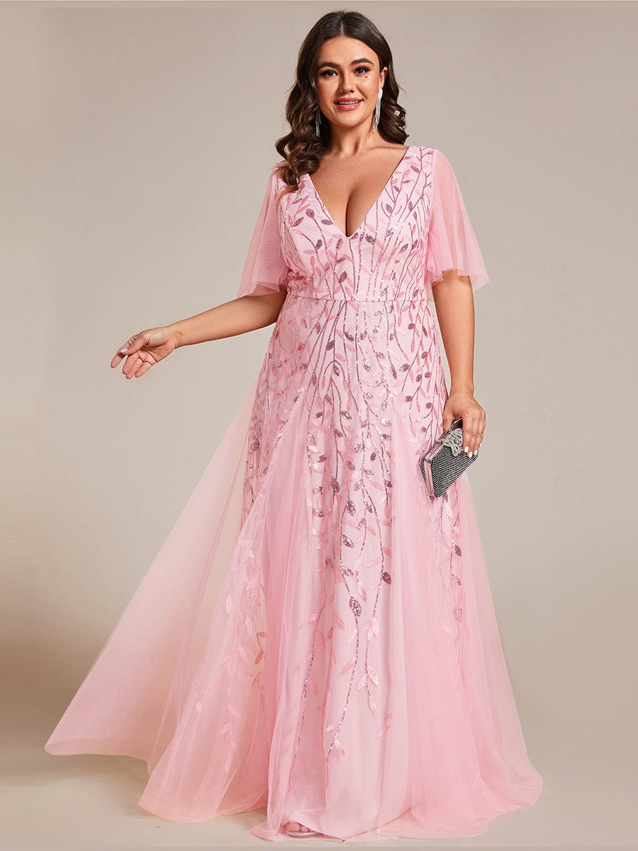 Custom Size Romantic Shimmery V Neck Ruffle Sleeves Maxi Long Evening Gowns #color_Pink