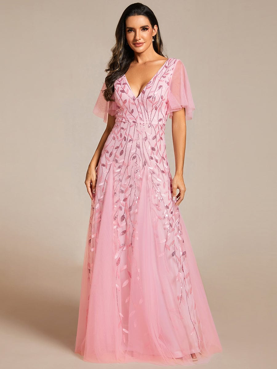 Custom Size Romantic Shimmery V Neck Ruffle Sleeves Maxi Long Evening Gowns #color_Pink