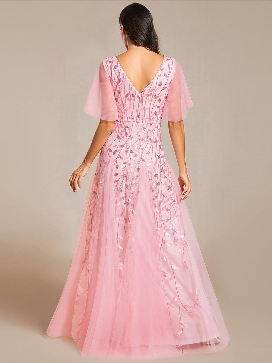 Custom Size Romantic Shimmery V Neck Ruffle Sleeves Maxi Long Evening Gowns #color_Pink