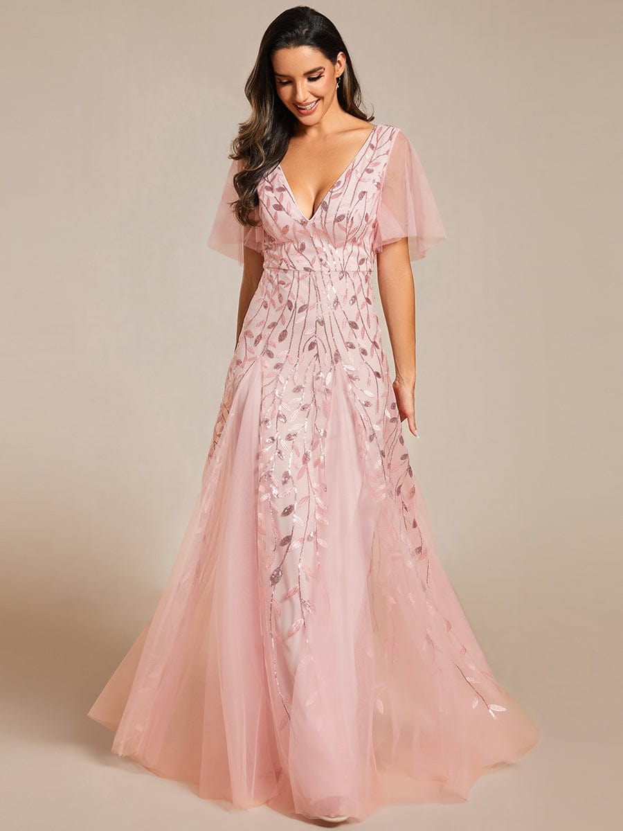 Romantic Shimmery V Neck Ruffle Sleeves Maxi Long Evening Gowns #color_Pink