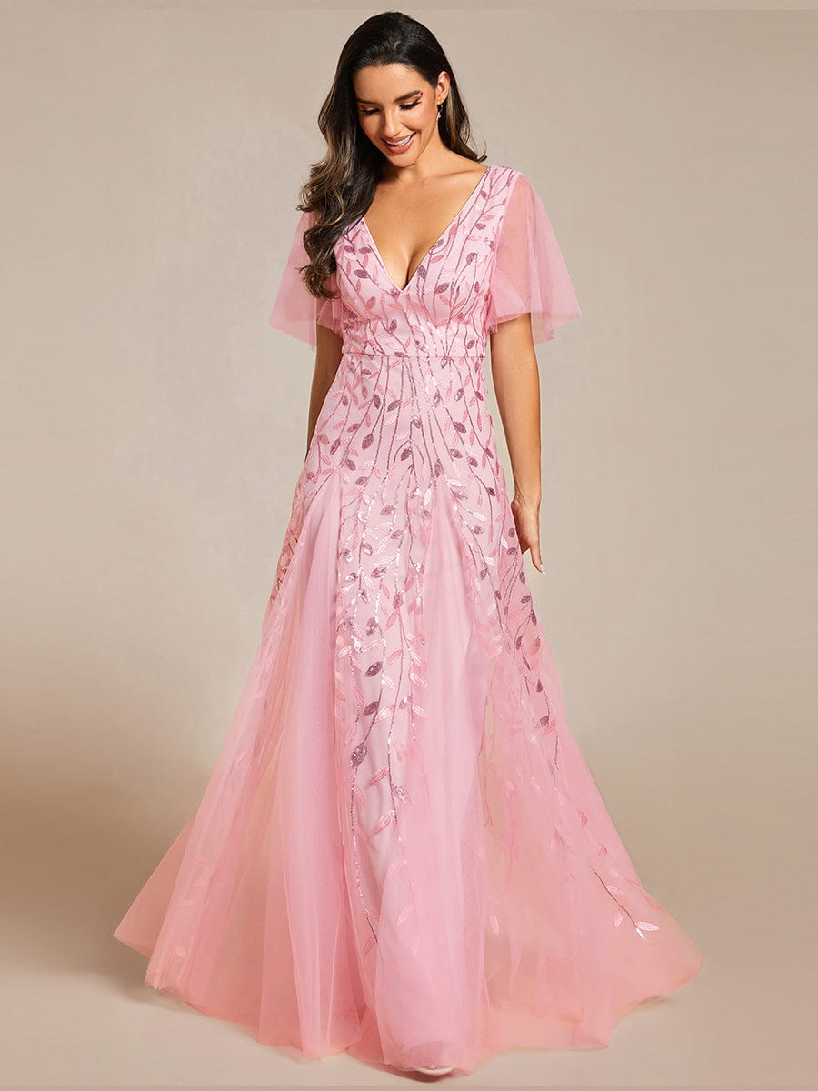 Custom Size Romantic Shimmery V Neck Ruffle Sleeves Maxi Long Evening Gowns #color_Pink