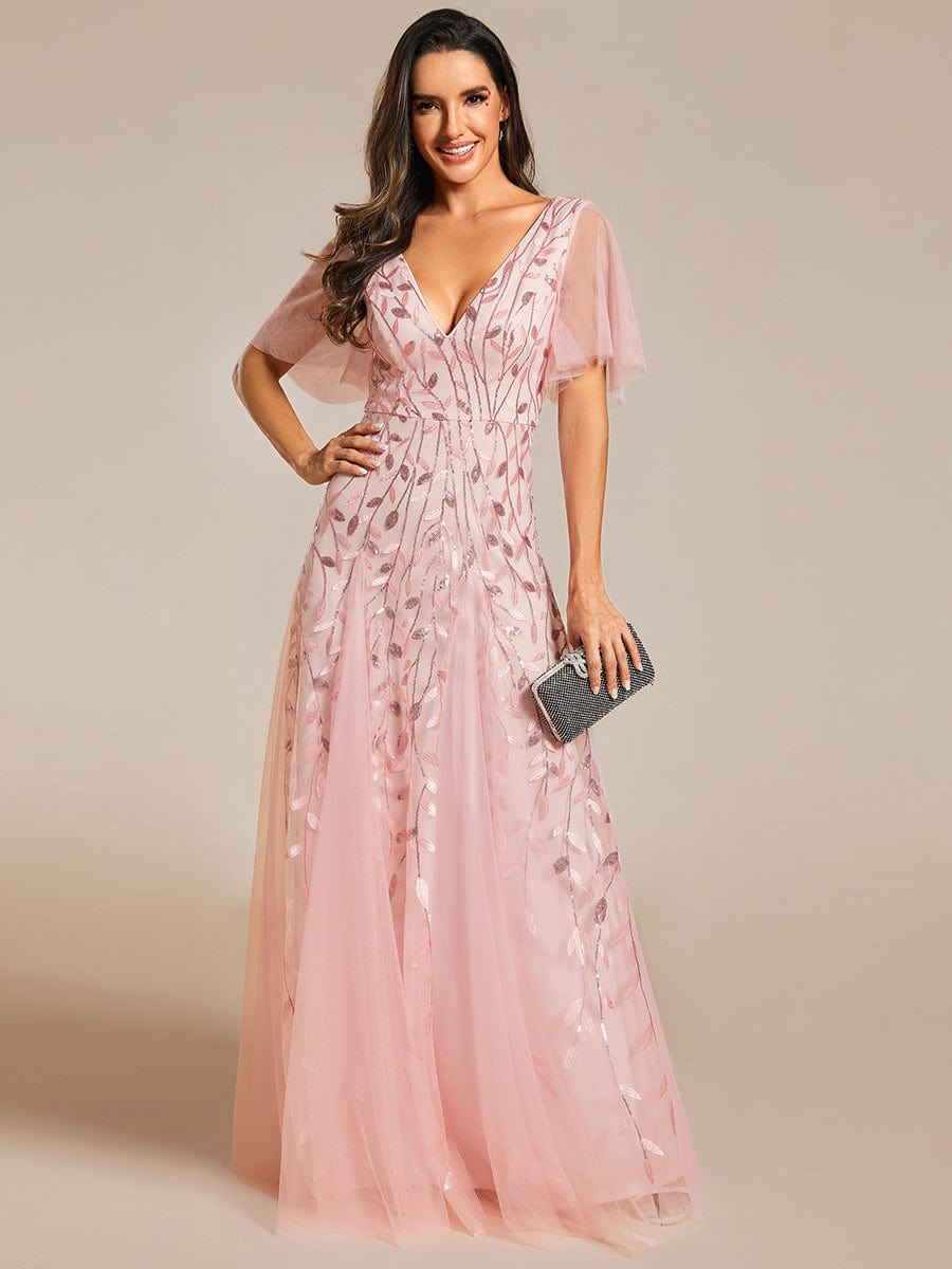 Romantic Shimmery V Neck Ruffle Sleeves Maxi Long Evening Gowns #color_Pink