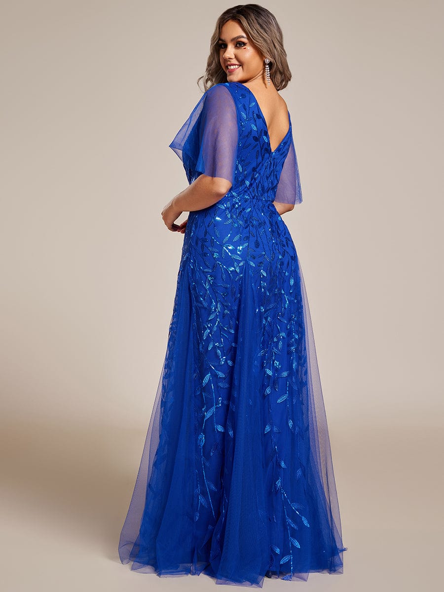 Romantic Shimmery V Neck Ruffle Sleeves Maxi Long Evening Gowns #color_Sapphire Blue