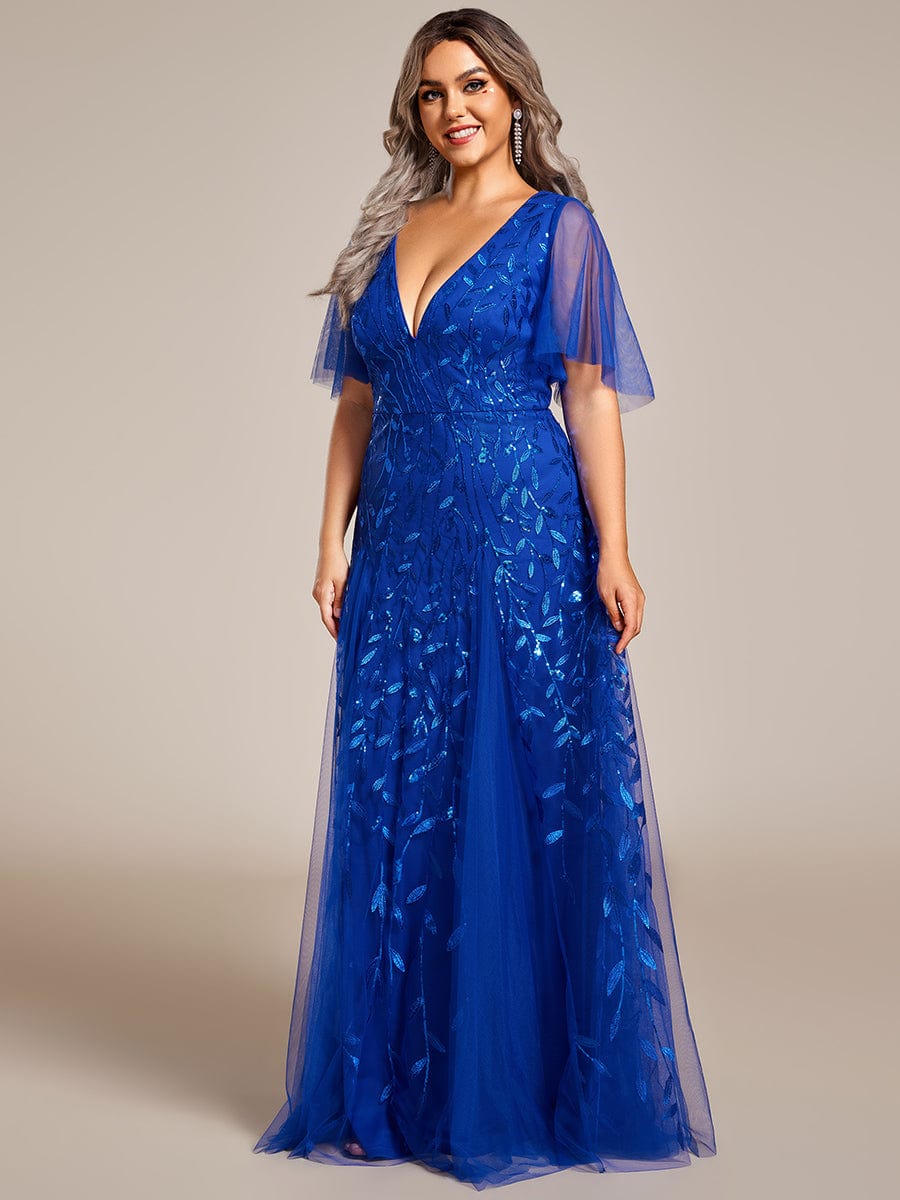 Romantic Shimmery V Neck Ruffle Sleeves Maxi Long Evening Gowns #color_Sapphire Blue