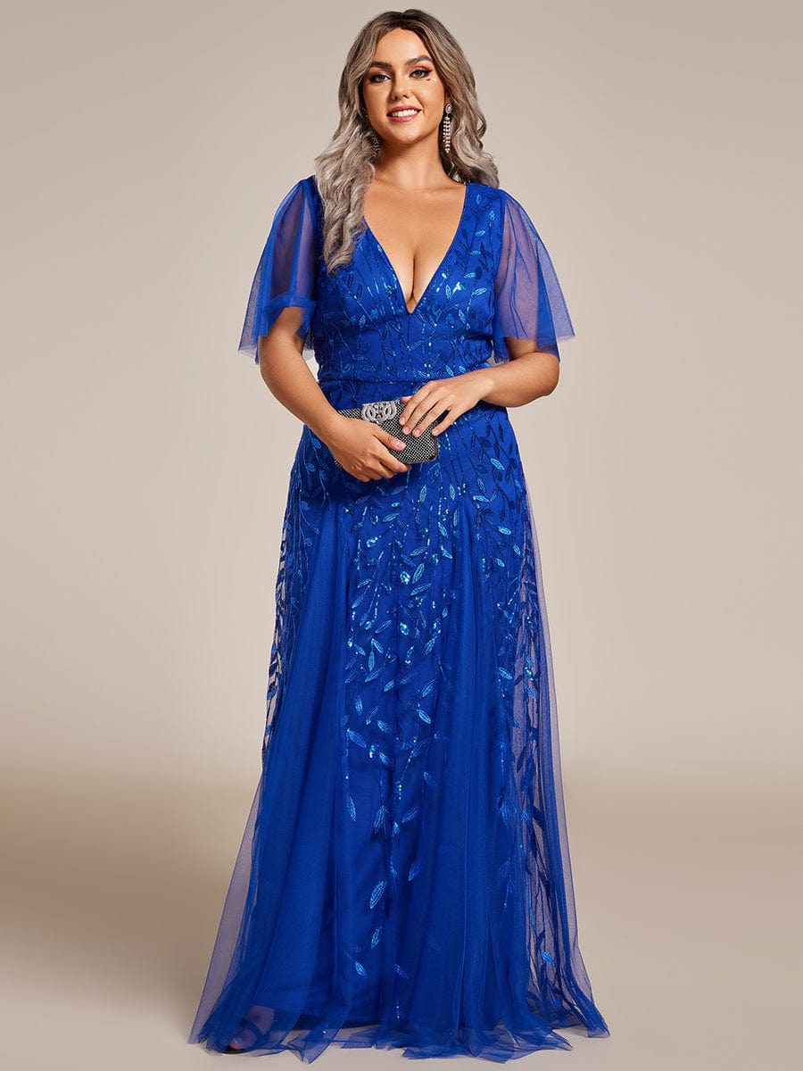 Custom Size Romantic Shimmery V Neck Ruffle Sleeves Maxi Long Evening Gowns #color_Sapphire Blue