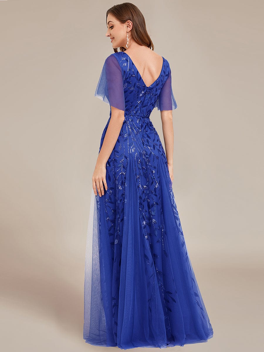 Custom Size Romantic Shimmery V Neck Ruffle Sleeves Maxi Long Evening Gowns #color_Sapphire Blue