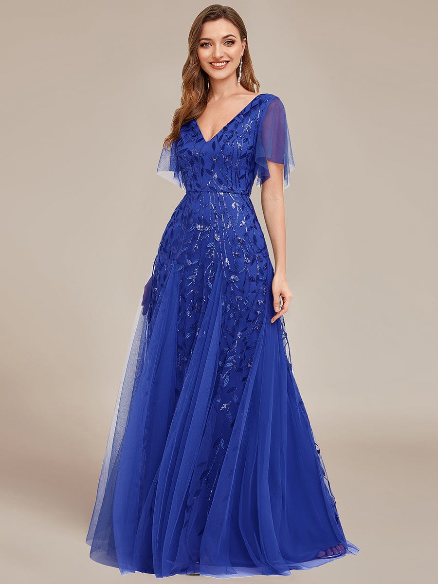 Romantic Shimmery V Neck Ruffle Sleeves Maxi Long Evening Gowns #color_Sapphire Blue