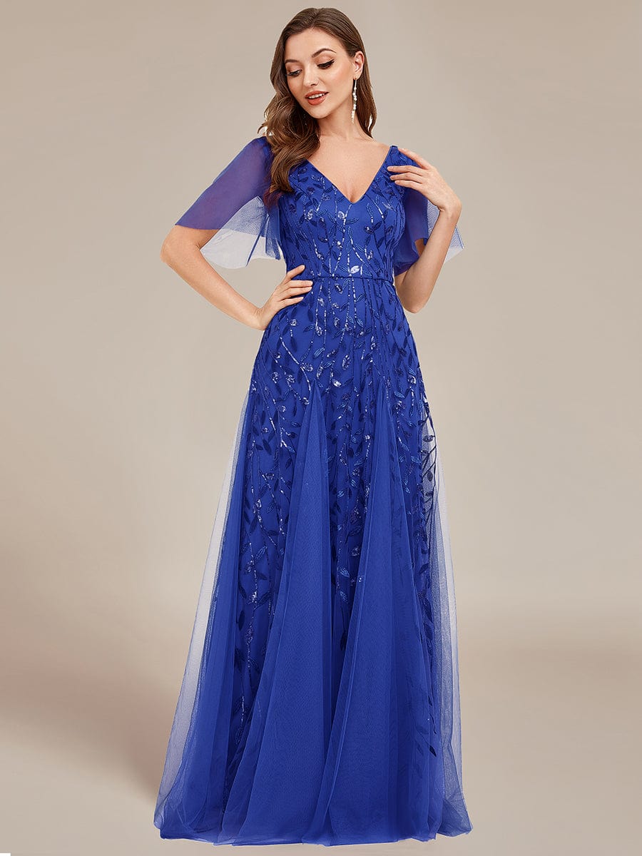 Custom Size Romantic Shimmery V Neck Ruffle Sleeves Maxi Long Evening Gowns #color_Sapphire Blue