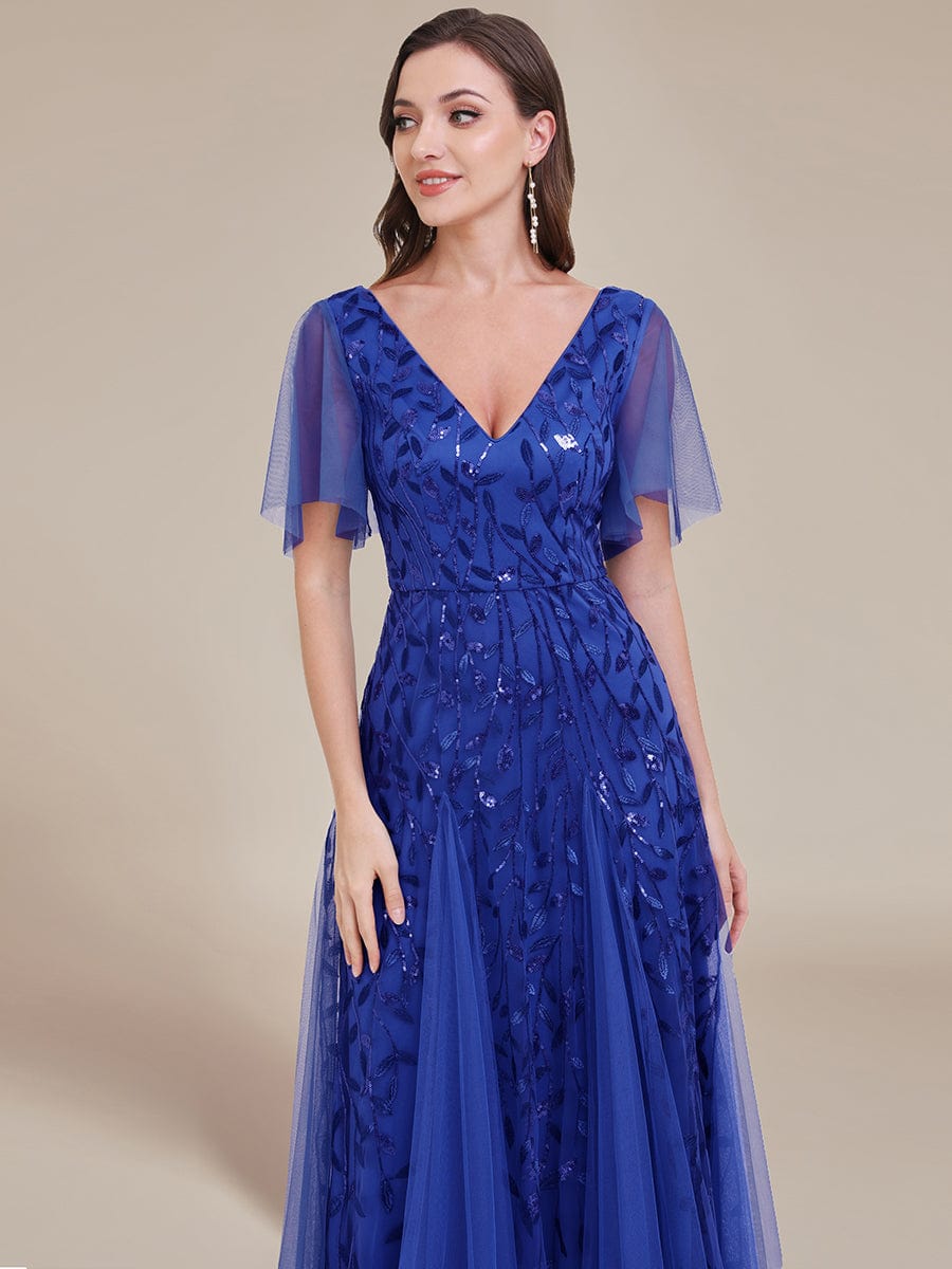 Romantic Shimmery V Neck Ruffle Sleeves Maxi Long Evening Gowns #color_Sapphire Blue