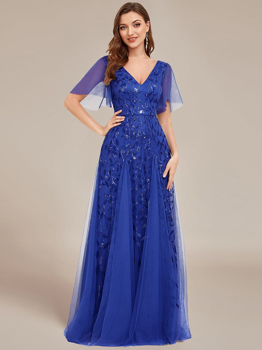 Romantic Shimmery V Neck Ruffle Sleeves Maxi Long Evening Gowns #color_Sapphire Blue