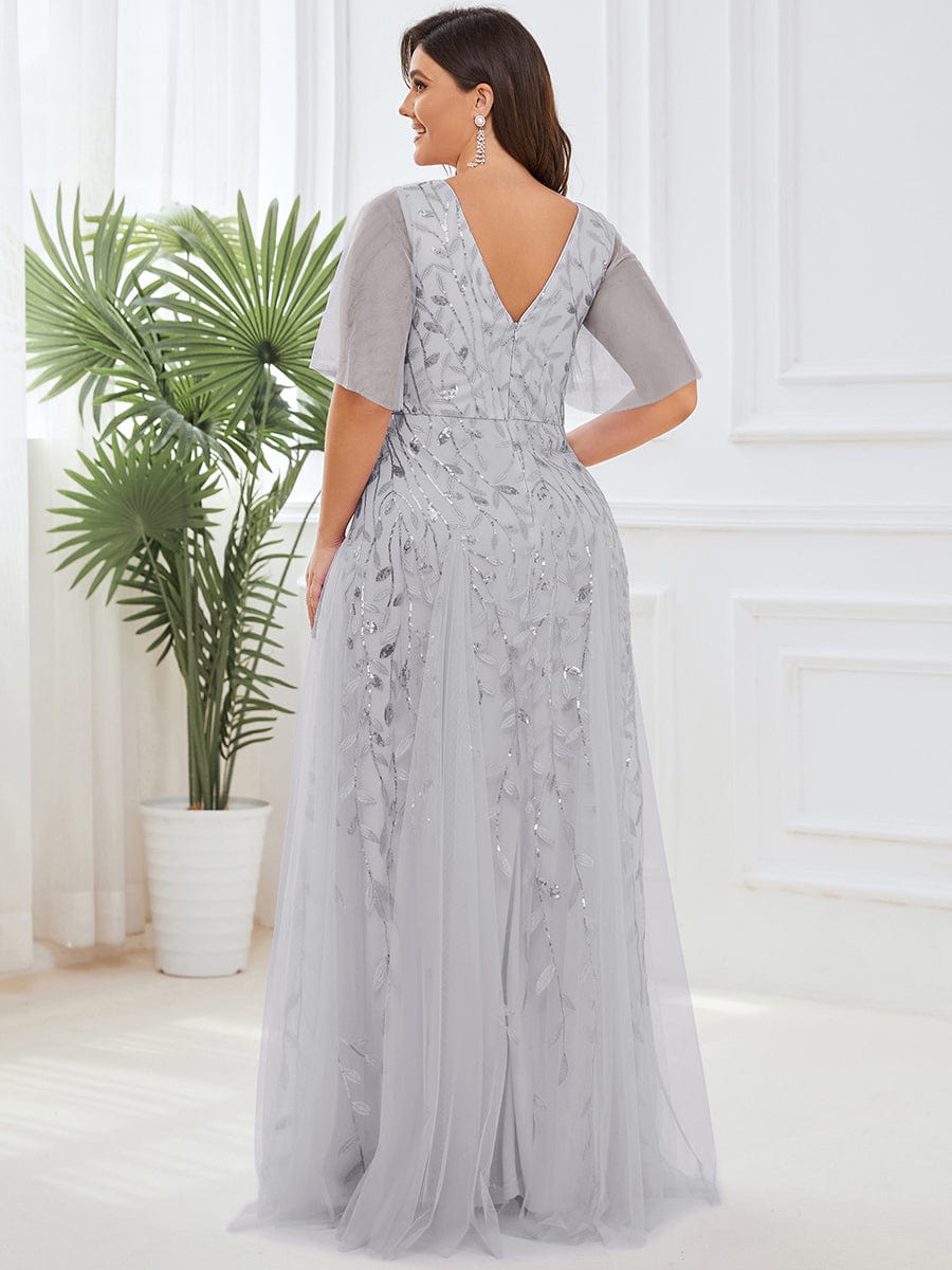 Romantic Shimmery V Neck Ruffle Sleeves Maxi Long Evening Gowns #color_Silver