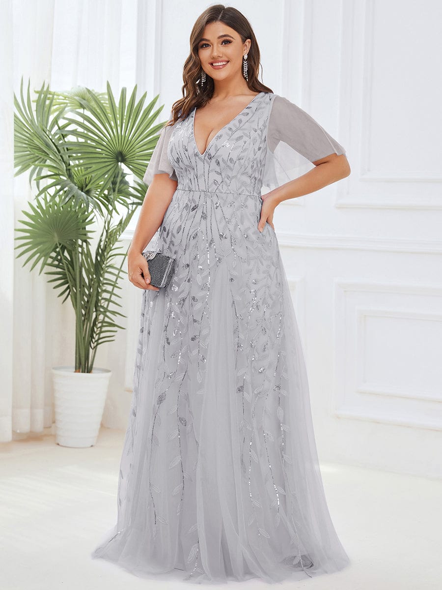 Romantic Shimmery V Neck Ruffle Sleeves Maxi Long Evening Gowns #color_Silver