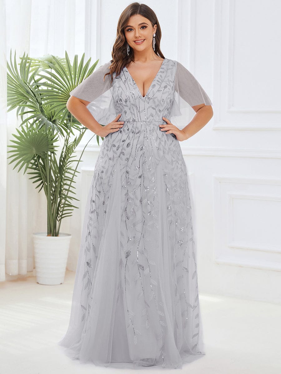 Custom Size Romantic Shimmery V Neck Ruffle Sleeves Maxi Long Evening Gowns #color_Silver