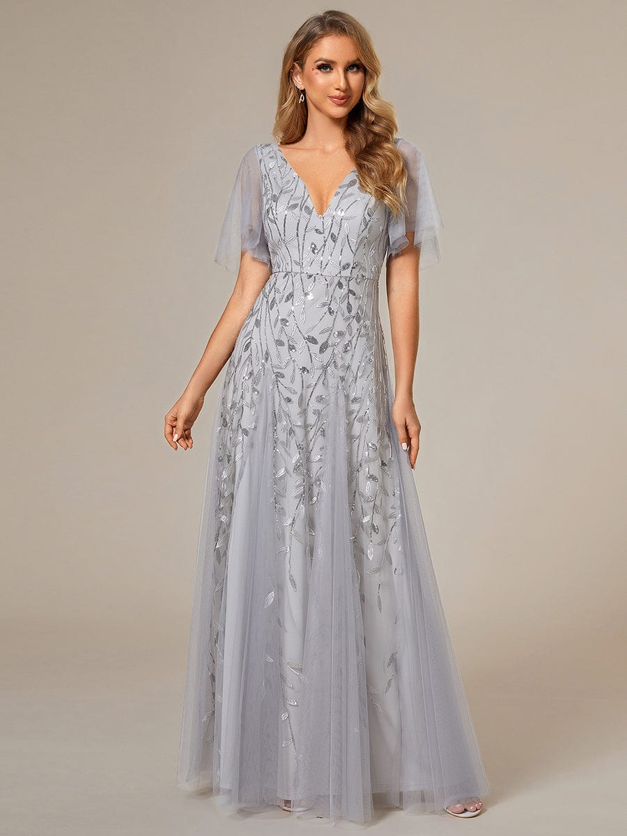 Romantic Shimmery V Neck Ruffle Sleeves Maxi Long Evening Gowns #color_Silver