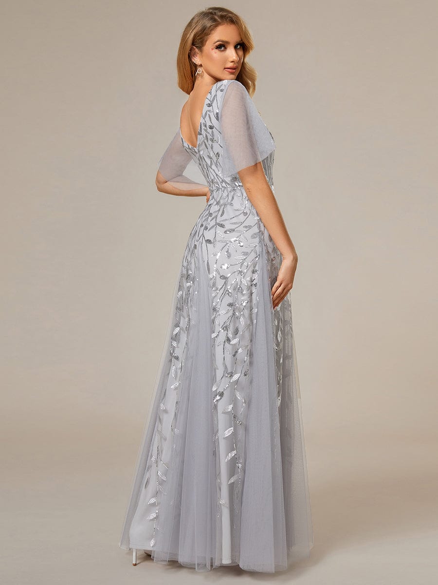 Romantic Shimmery V Neck Ruffle Sleeves Maxi Long Evening Gowns #color_Silver