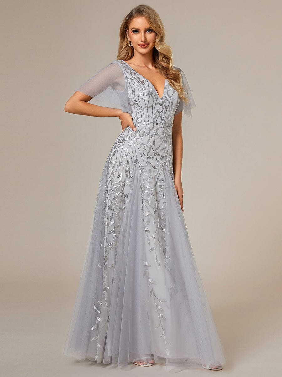 Romantic Shimmery V Neck Ruffle Sleeves Maxi Long Evening Gowns #color_Silver