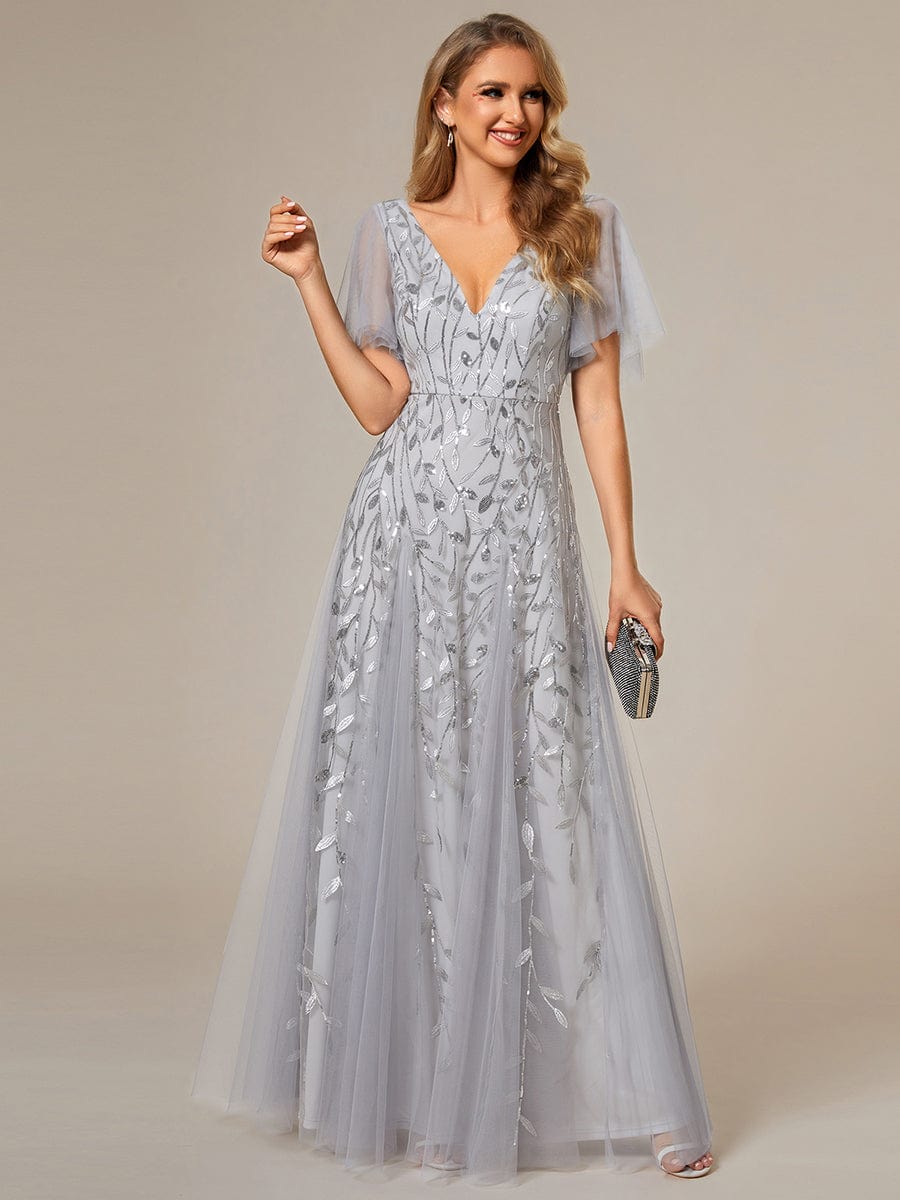 Romantic Shimmery V Neck Ruffle Sleeves Maxi Long Evening Gowns #color_Silver