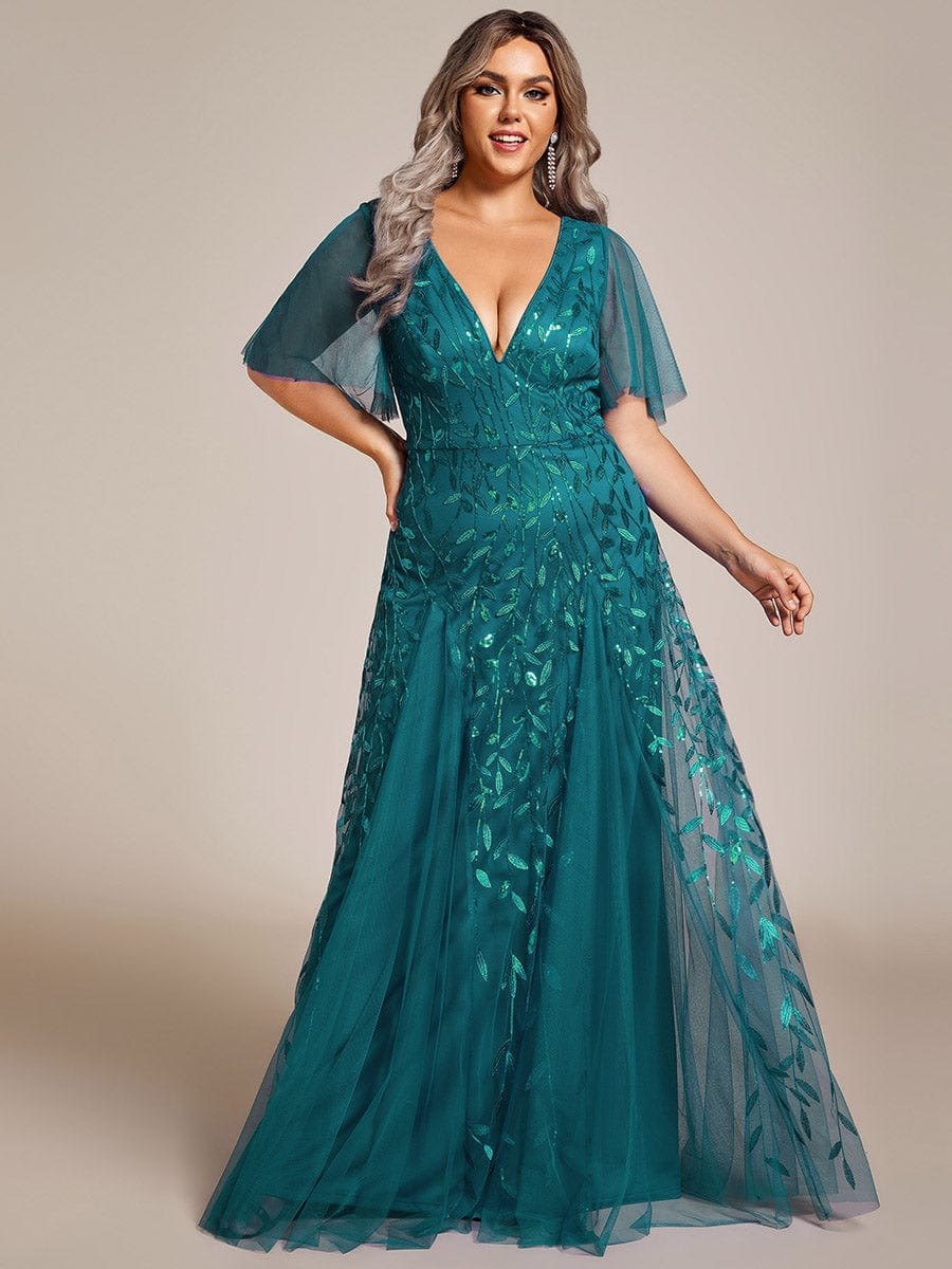 Plus Size romantic shimmery v neck ruffle sleeves evening gown #color_Teal