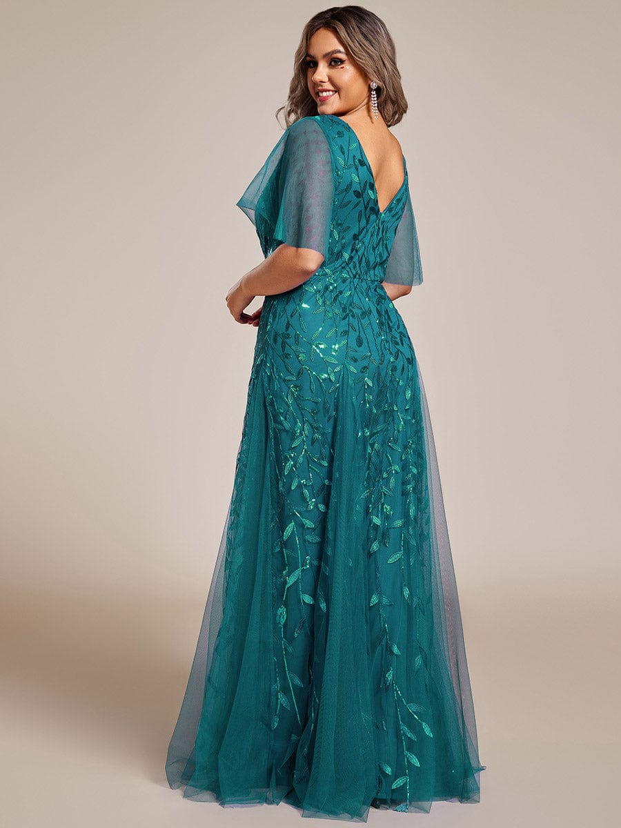 Custom Size Romantic Shimmery V Neck Ruffle Sleeves Maxi Long Evening Gowns #color_Teal