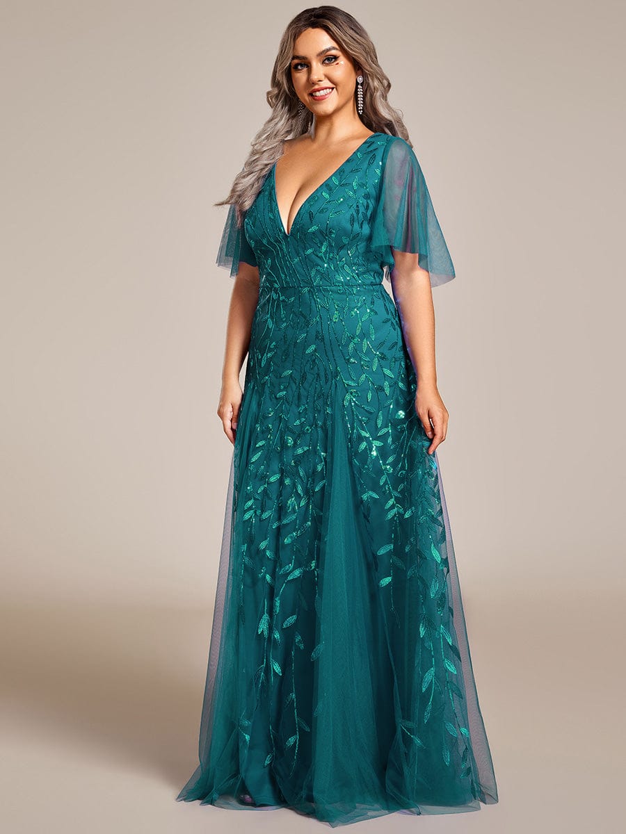 Custom Size Romantic Shimmery V Neck Ruffle Sleeves Maxi Long Evening Gowns #color_Teal