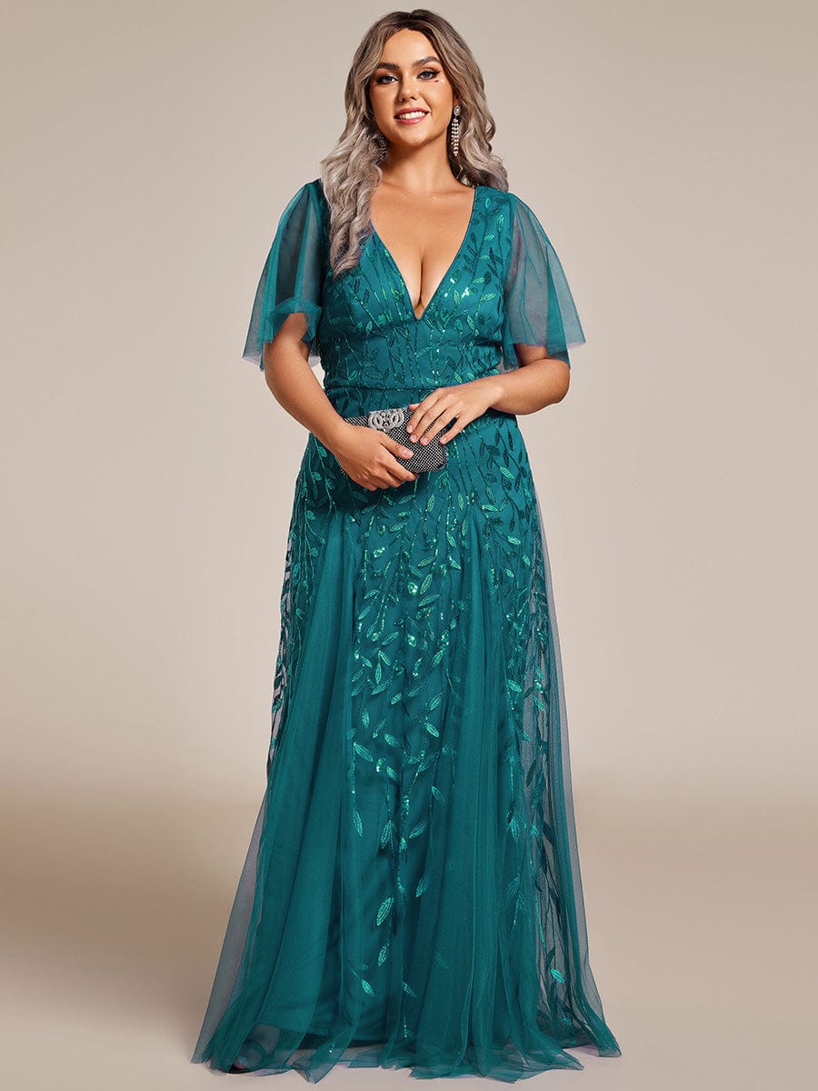 Plus Size romantic shimmery v neck ruffle sleeves evening gown #color_Teal