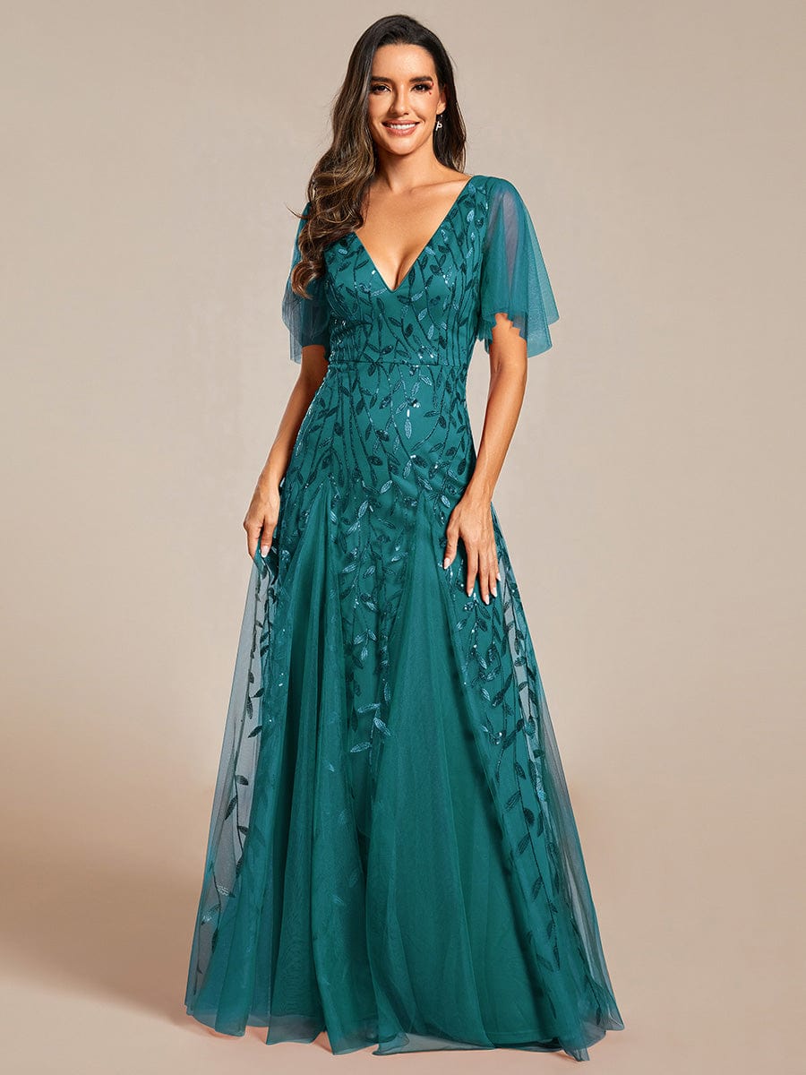 Custom Size Romantic Shimmery V Neck Ruffle Sleeves Maxi Long Evening Gowns #color_Teal