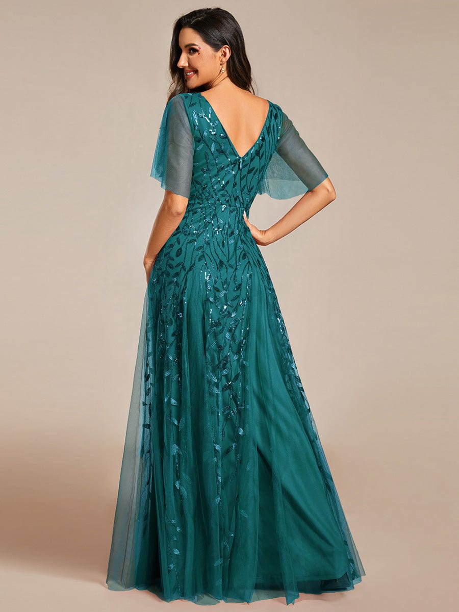 Custom Size Romantic Shimmery V Neck Ruffle Sleeves Maxi Long Evening Gowns #color_Teal