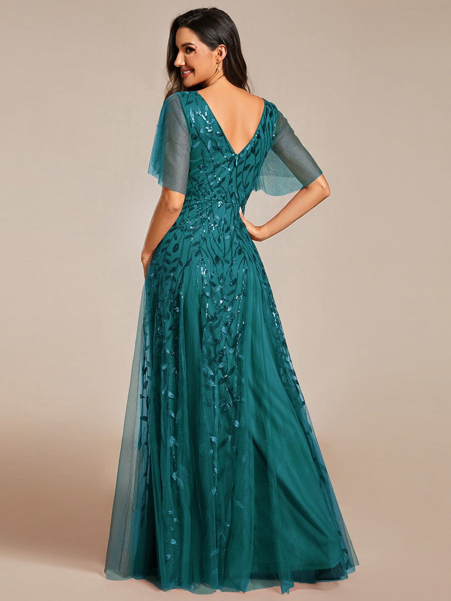 Romantic Shimmery V Neck Ruffle Sleeves Maxi Long Evening Gowns #color_Teal