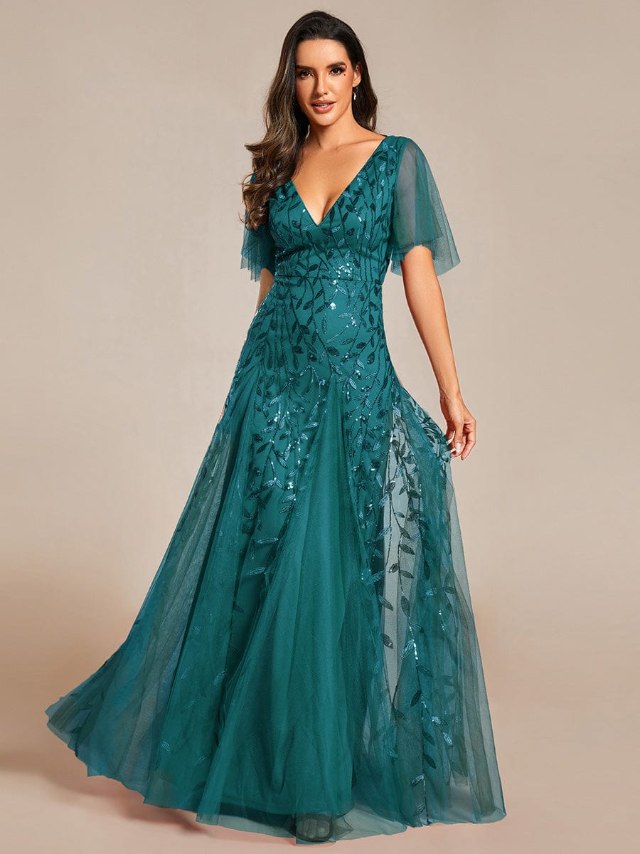 Custom Size Romantic Shimmery V Neck Ruffle Sleeves Maxi Long Evening Gowns #color_Teal