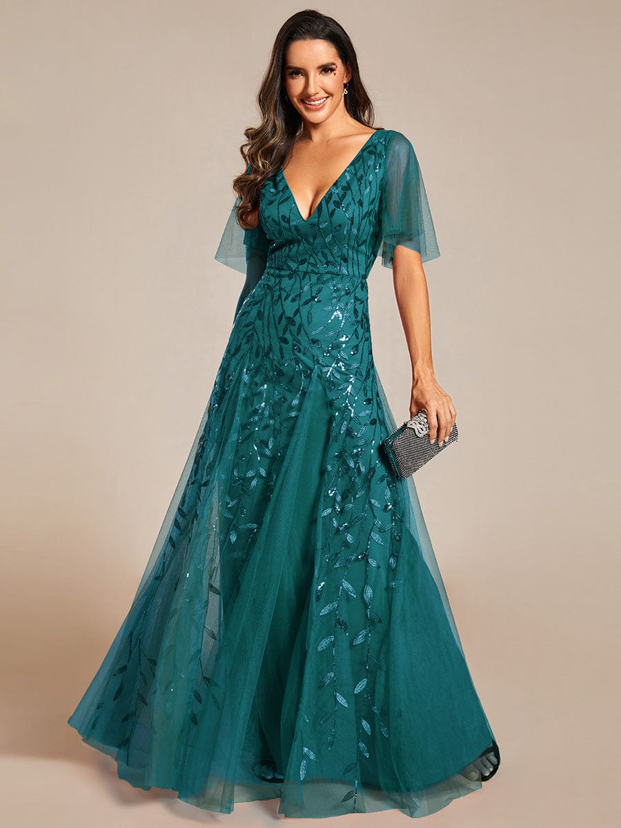 Custom Size Romantic Shimmery V Neck Ruffle Sleeves Maxi Long Evening Gowns #color_Teal