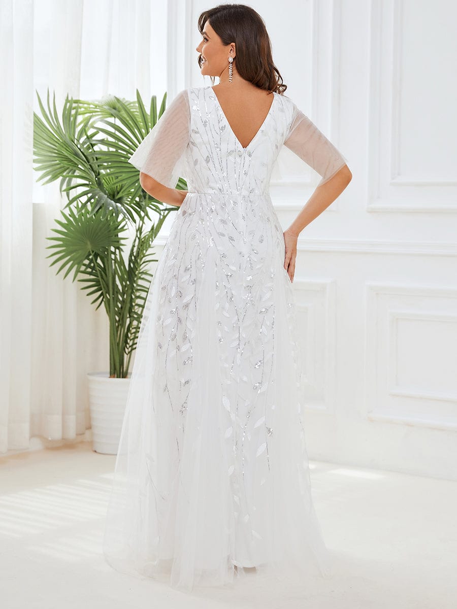 Romantic Shimmery V Neck Ruffle Sleeves Maxi Long Evening Gowns #color_White